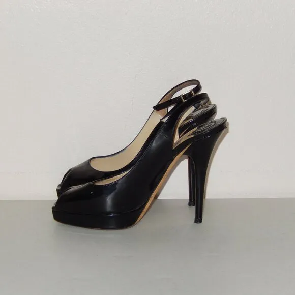 Jimmy Choo 36 6 Black Patent Peeptoe Slingback Heels Shoes Pumps Authentic