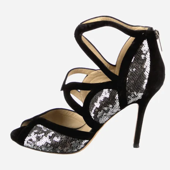 JIMMY CHOO 9.5 SILVER SEQUIN Tempest Sandals Strappy Heels Black Suede PARTY