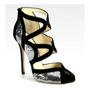 JIMMY CHOO 9.5 SILVER SEQUIN Tempest Sandals Strappy Heels Black Suede PARTY