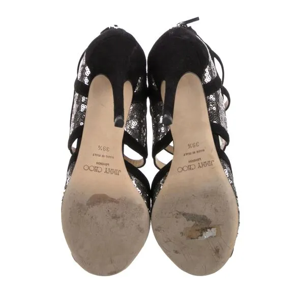JIMMY CHOO 9.5 SILVER SEQUIN Tempest Sandals Strappy Heels Black Suede PARTY