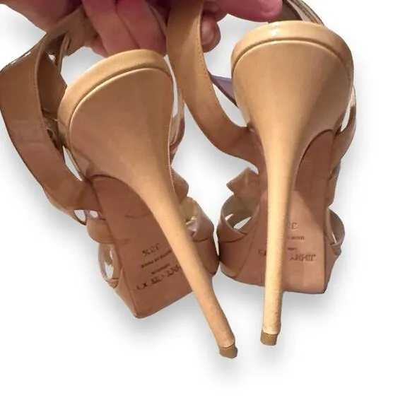 Jimmy Choo Beige Patent Leather Vamp Sandals Stiletto Heels‎ Sz 38.5