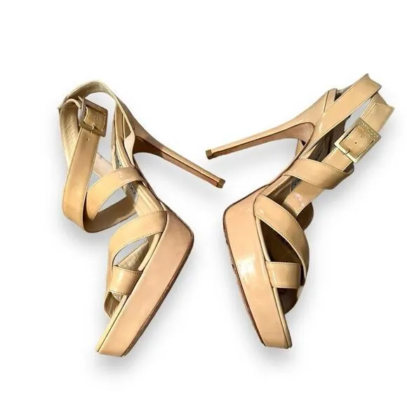 Jimmy Choo Beige Patent Leather Vamp Sandals Stiletto Heels‎ Sz 38.5