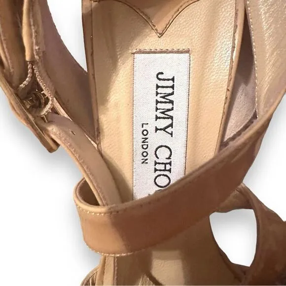 Jimmy Choo Beige Patent Leather Vamp Sandals Stiletto Heels‎ Sz 38.5