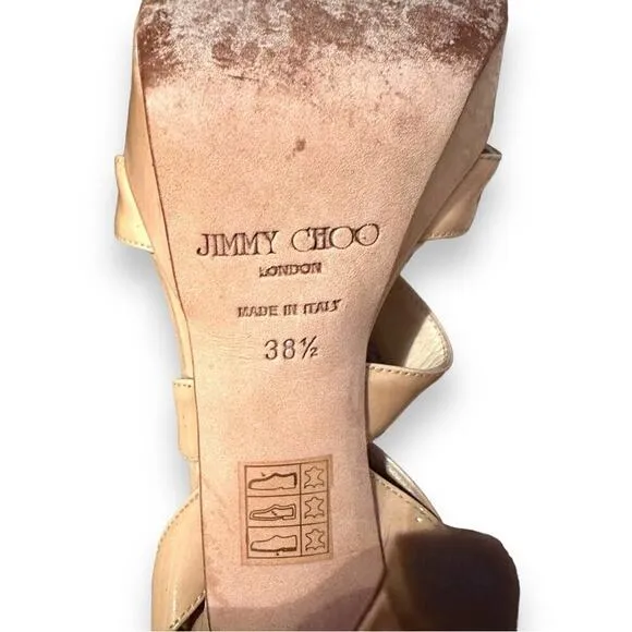 Jimmy Choo Beige Patent Leather Vamp Sandals Stiletto Heels‎ Sz 38.5