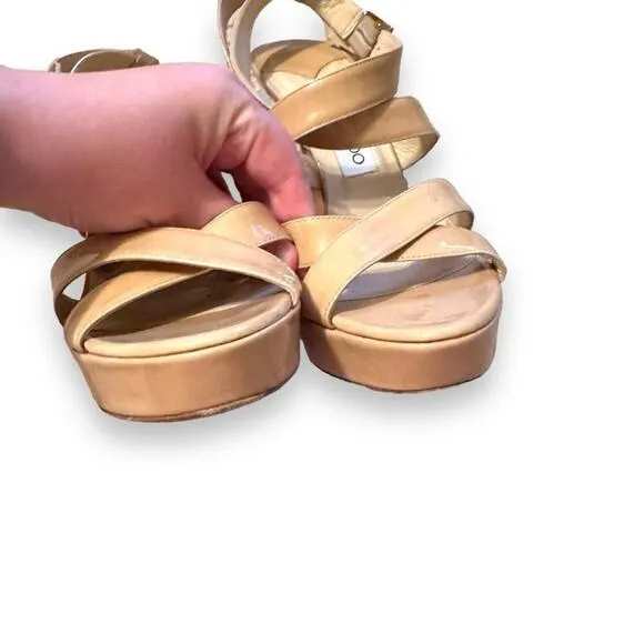 Jimmy Choo Beige Patent Leather Vamp Sandals Stiletto Heels‎ Sz 38.5