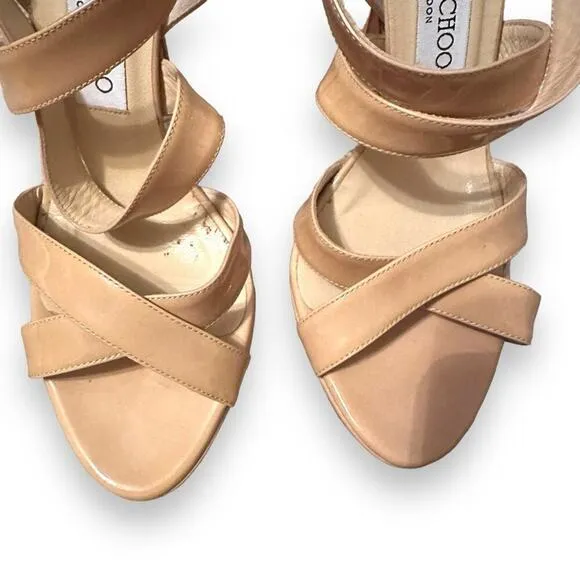 Jimmy Choo Beige Patent Leather Vamp Sandals Stiletto Heels‎ Sz 38.5