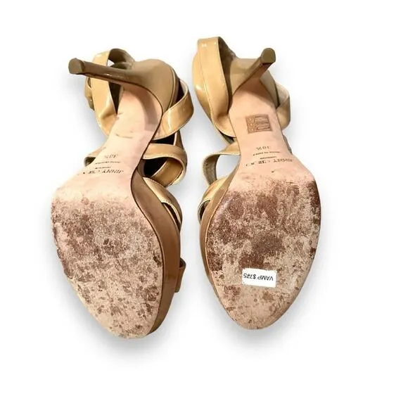 Jimmy Choo Beige Patent Leather Vamp Sandals Stiletto Heels‎ Sz 38.5