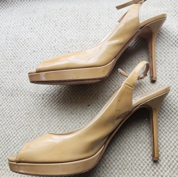 Jimmy Choo Beige Tan Patent Leather Sling Back High Heel Shoes 38 Italy Pumps