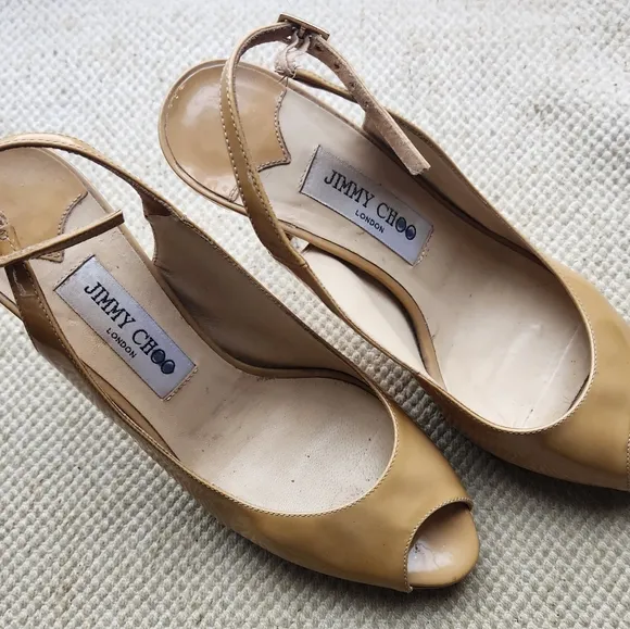 Jimmy Choo Beige Tan Patent Leather Sling Back High Heel Shoes 38 Italy Pumps