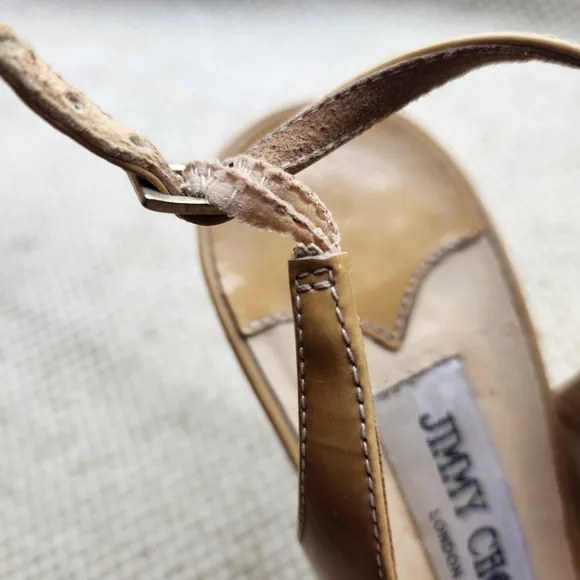 Jimmy Choo Beige Tan Patent Leather Sling Back High Heel Shoes 38 Italy Pumps