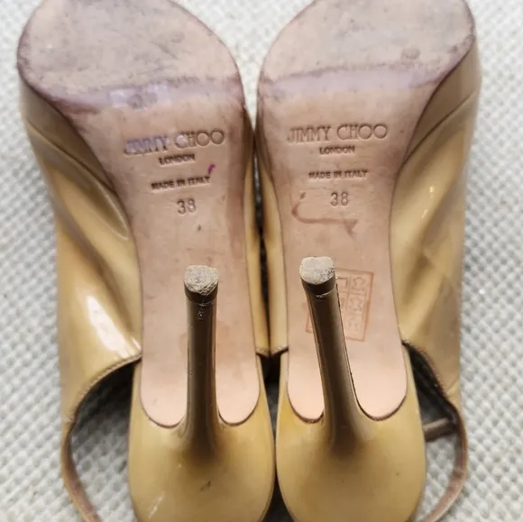 Jimmy Choo Beige Tan Patent Leather Sling Back High Heel Shoes 38 Italy Pumps