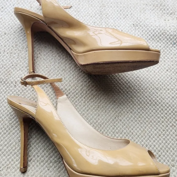 Jimmy Choo Beige Tan Patent Leather Sling Back High Heel Shoes 38 Italy Pumps
