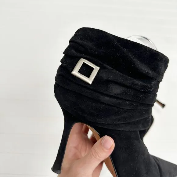 Jimmy Choo Black Suede Ruched Short Ankle Boots Vintage Stiletto Buckle 39.5