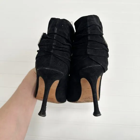Jimmy Choo Black Suede Ruched Short Ankle Boots Vintage Stiletto Buckle 39.5