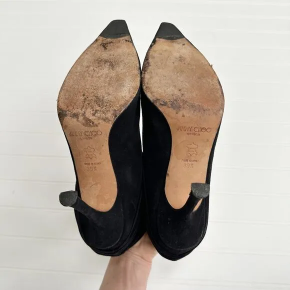 Jimmy Choo Black Suede Ruched Short Ankle Boots Vintage Stiletto Buckle 39.5