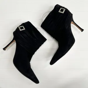 Jimmy Choo Black Suede Ruched Short Ankle Boots Vintage Stiletto Buckle 39.5
