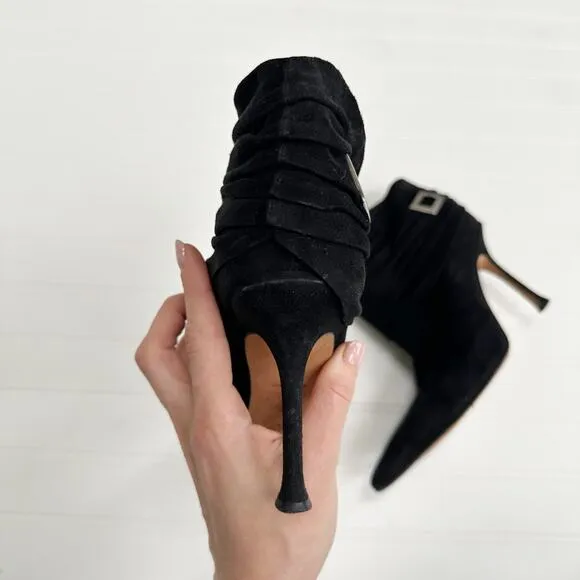 Jimmy Choo Black Suede Ruched Short Ankle Boots Vintage Stiletto Buckle 39.5