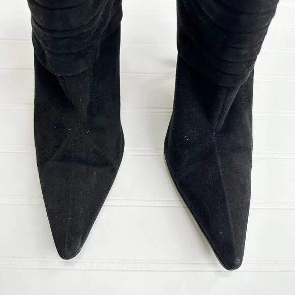 Jimmy Choo Black Suede Ruched Short Ankle Boots Vintage Stiletto Buckle 39.5