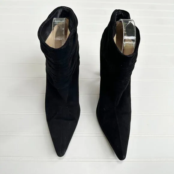 Jimmy Choo Black Suede Ruched Short Ankle Boots Vintage Stiletto Buckle 39.5