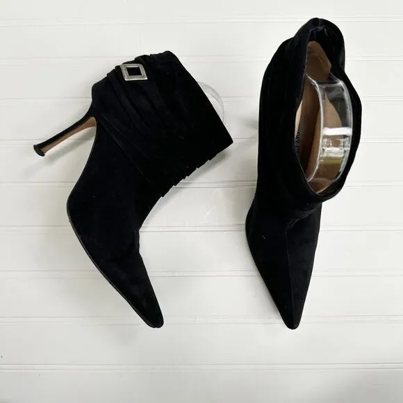 Jimmy Choo Black Suede Ruched Short Ankle Boots Vintage Stiletto Buckle 39.5
