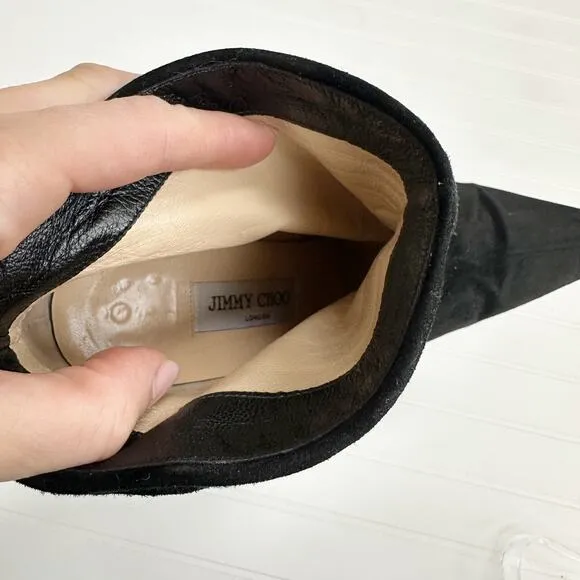 Jimmy Choo Black Suede Ruched Short Ankle Boots Vintage Stiletto Buckle 39.5