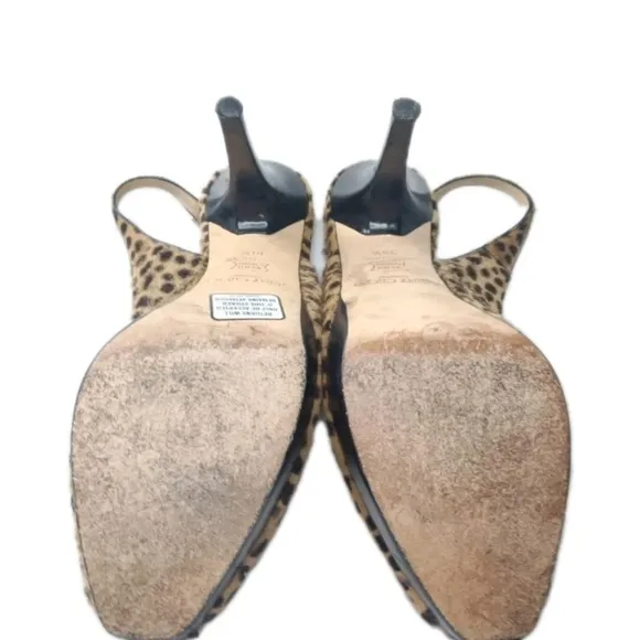 Jimmy Choo Clue Pumps Size 38.5  Leopard Printed Pony Hair Peep Toe Shoes
