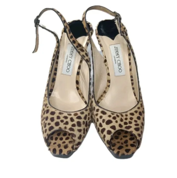 Jimmy Choo Clue Pumps Size 38.5  Leopard Printed Pony Hair Peep Toe Shoes