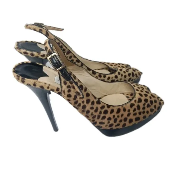 Jimmy Choo Clue Pumps Size 38.5  Leopard Printed Pony Hair Peep Toe Shoes