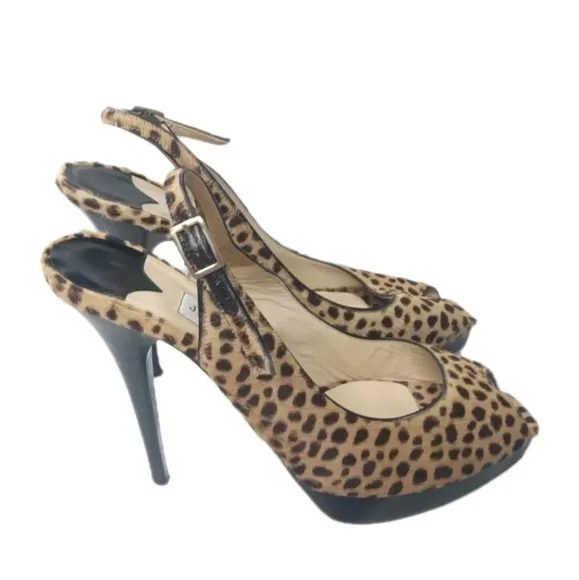 Jimmy Choo Clue Pumps Size 38.5  Leopard Printed Pony Hair Peep Toe Shoes