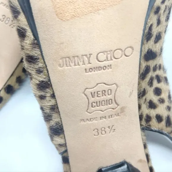 Jimmy Choo Clue Pumps Size 38.5  Leopard Printed Pony Hair Peep Toe Shoes