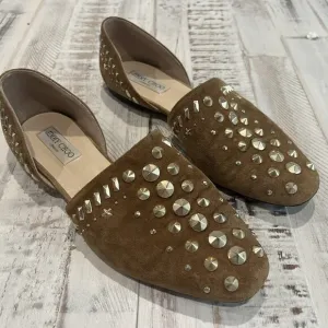 Jimmy Choo Globe d'Orsay Flats Brown Punk Studded Suede Shoes Size 39