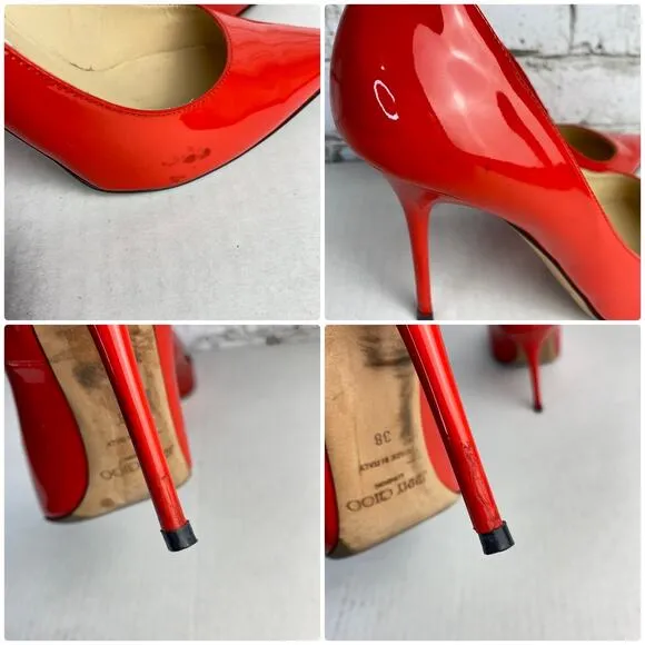 Jimmy Choo Heels Pumps Point Toe Stiletto Shoes Patent Leather Red 38 8