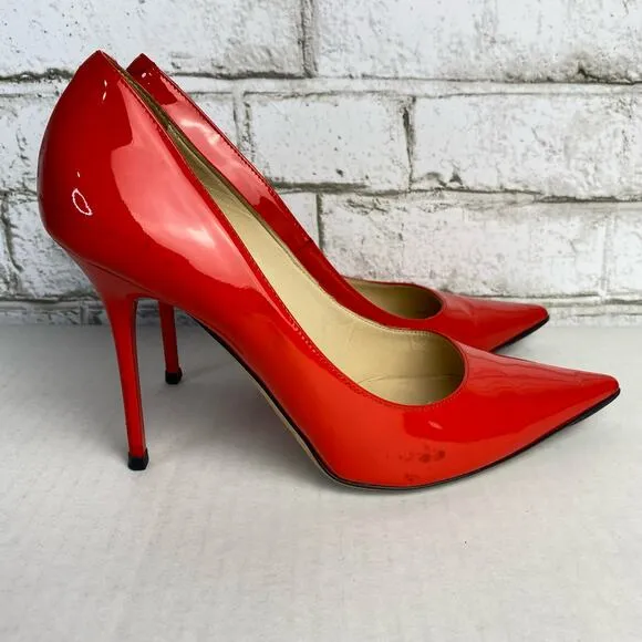Jimmy Choo Heels Pumps Point Toe Stiletto Shoes Patent Leather Red 38 8