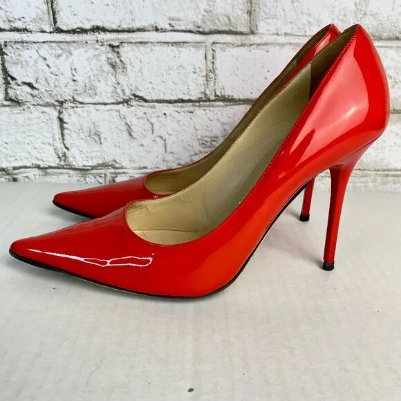 Jimmy Choo Heels Pumps Point Toe Stiletto Shoes Patent Leather Red 38 8