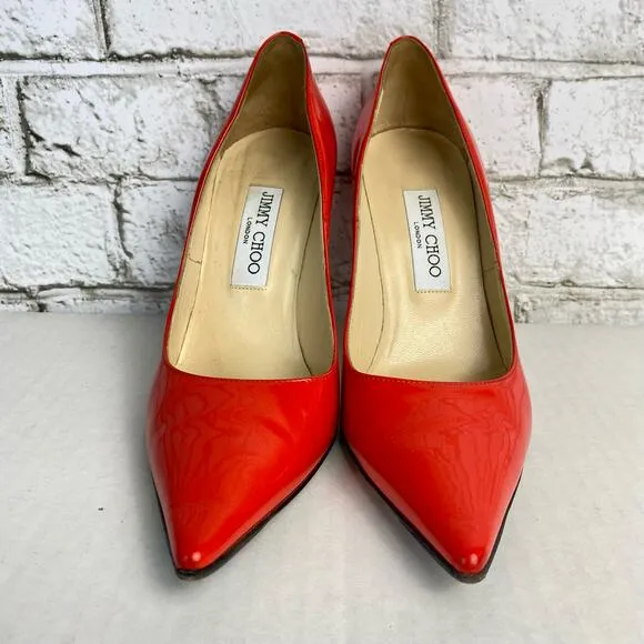 Jimmy Choo Heels Pumps Point Toe Stiletto Shoes Patent Leather Red 38 8