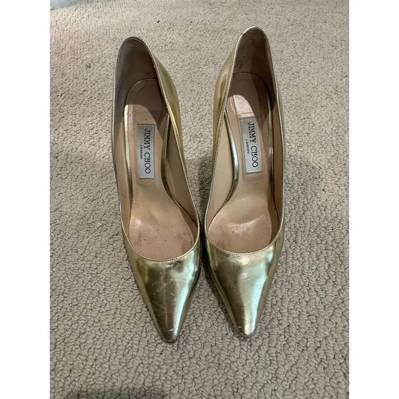 Jimmy Choo Romy 100 Gold Leather Stiletto Pumps Size 9 Women’s