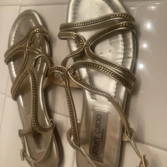 Jimmy Choo Sandals Womens 38 5.5 Chain Shoes flats gold silver leather designer