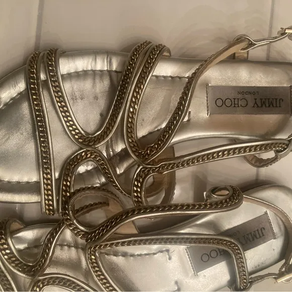 Jimmy Choo Sandals Womens 38 5.5 Chain Shoes flats gold silver leather designer