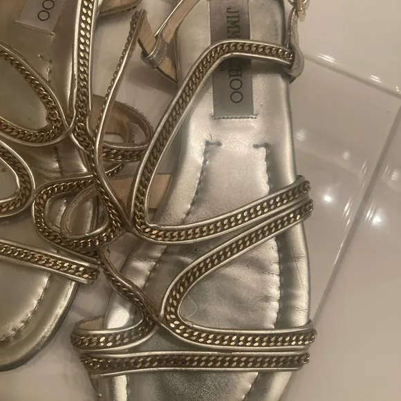 Jimmy Choo Sandals Womens 38 5.5 Chain Shoes flats gold silver leather designer