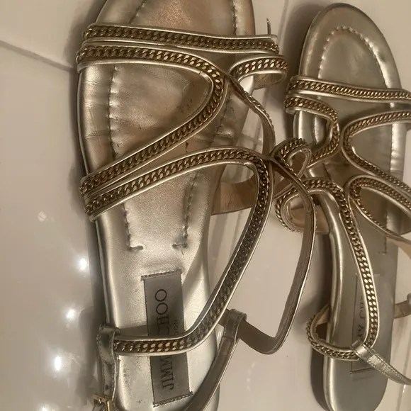 Jimmy Choo Sandals Womens 38 5.5 Chain Shoes flats gold silver leather designer