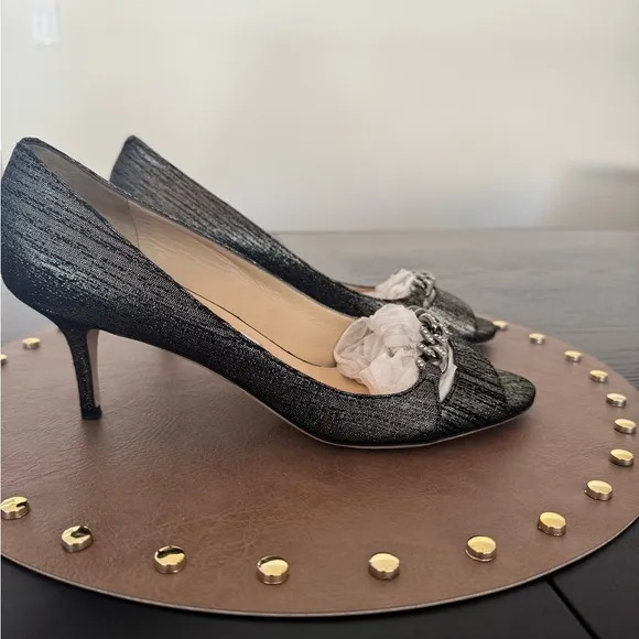 Jimmy Choo Silver/Black Fabric Crystal Chain Link D'orsay Pumps Size 39.5
