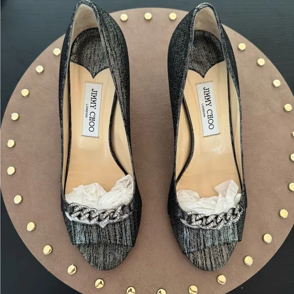 Jimmy Choo Silver/Black Fabric Crystal Chain Link D'orsay Pumps Size 39.5