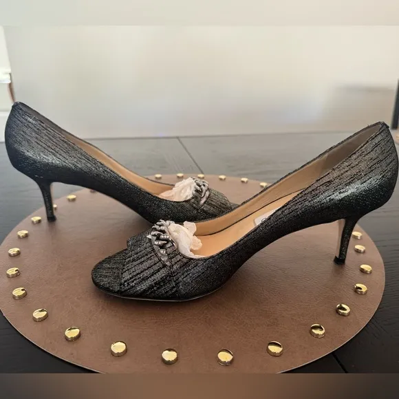 Jimmy Choo Silver/Black Fabric Crystal Chain Link D'orsay Pumps Size 39.5