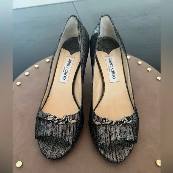 Jimmy Choo Silver/Black Fabric Crystal Chain Link D'orsay Pumps Size 39.5