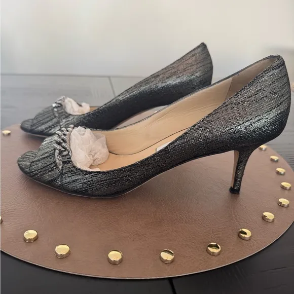 Jimmy Choo Silver/Black Fabric Crystal Chain Link D'orsay Pumps Size 39.5