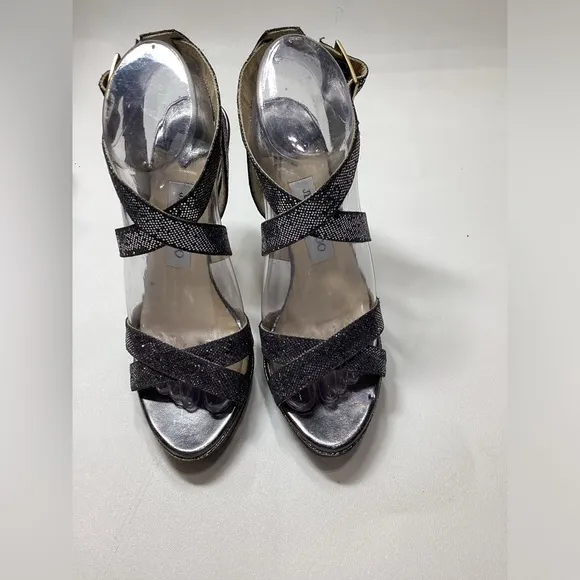 Jimmy Choo Vamp Metallic Silver Black Platform Heel Sandal Size EU 38.5