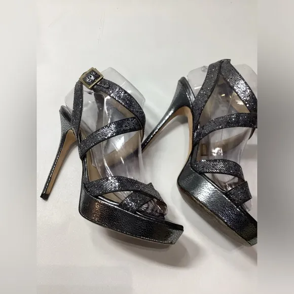Jimmy Choo Vamp Metallic Silver Black Platform Heel Sandal Size EU 38.5