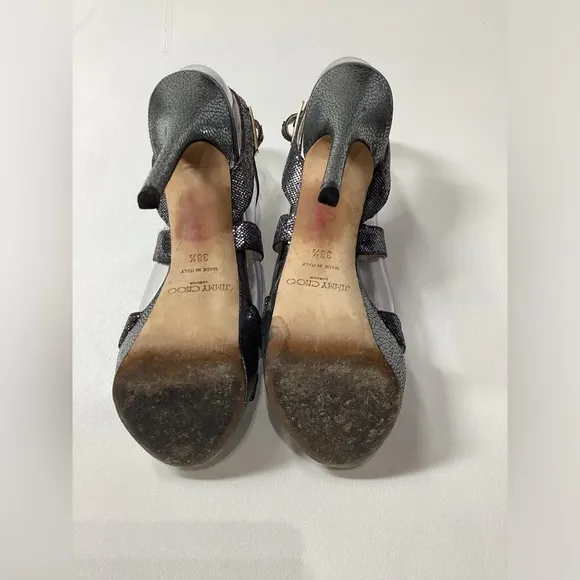 Jimmy Choo Vamp Metallic Silver Black Platform Heel Sandal Size EU 38.5