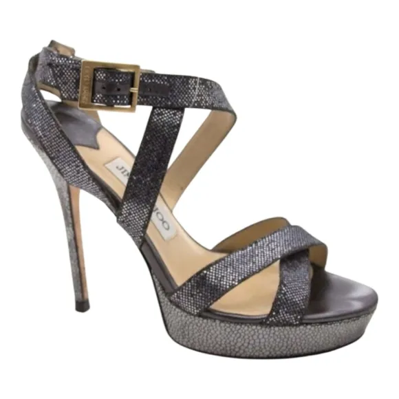 Jimmy Choo Vamp Metallic Silver Black Platform Heel Sandal Size EU 38.5