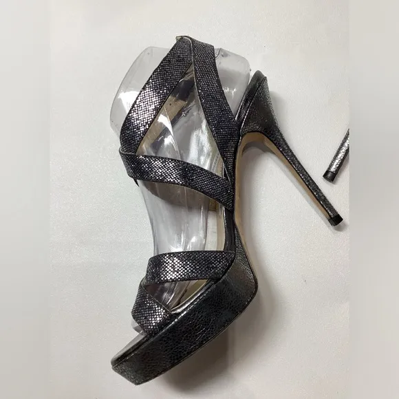 Jimmy Choo Vamp Metallic Silver Black Platform Heel Sandal Size EU 38.5